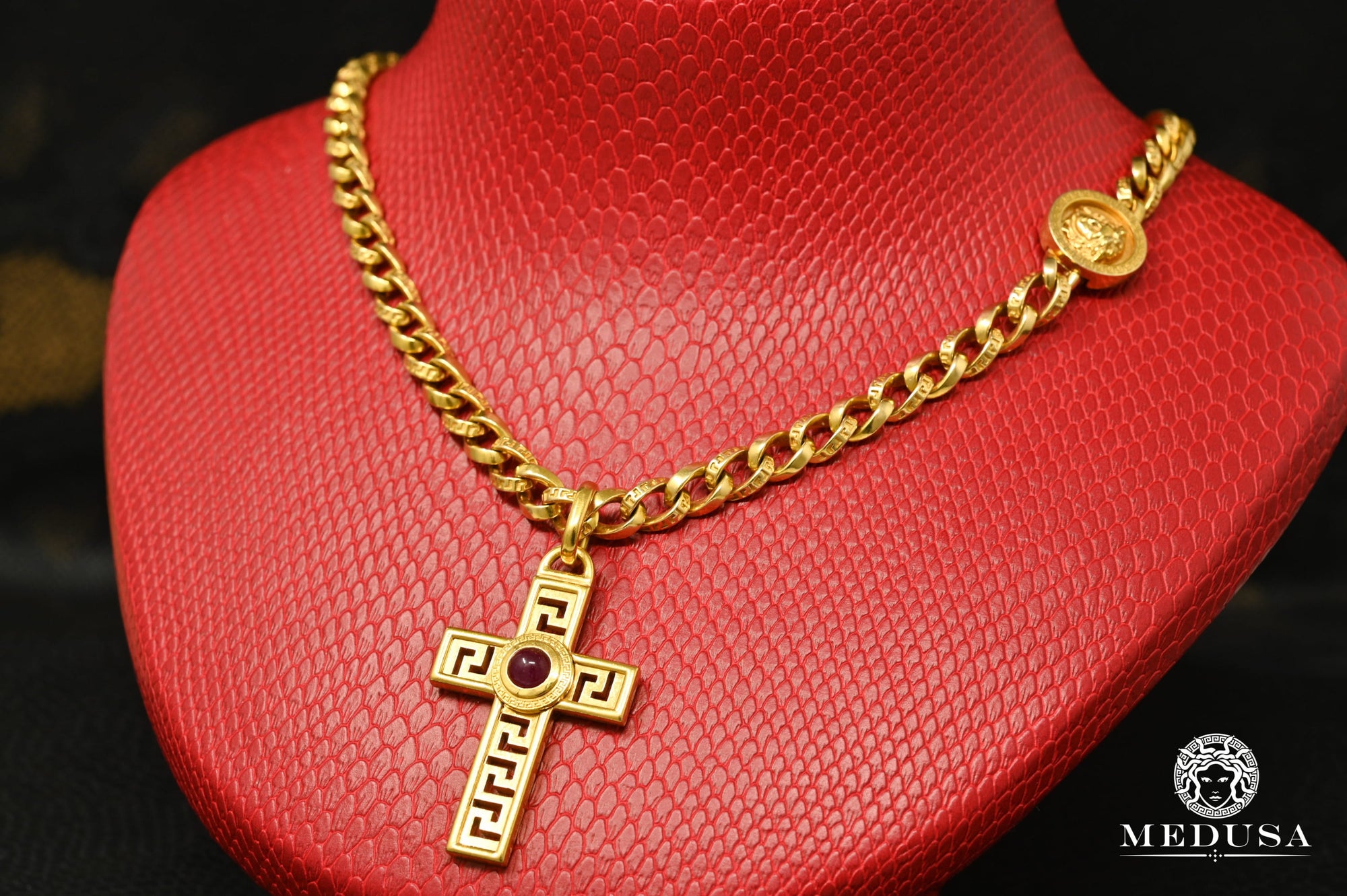 Chaîne en Or 18K | Chaîne 7mm Chaîne Gianni Versace Original avec Croix Rubis 750 18’’ / Or Jaune