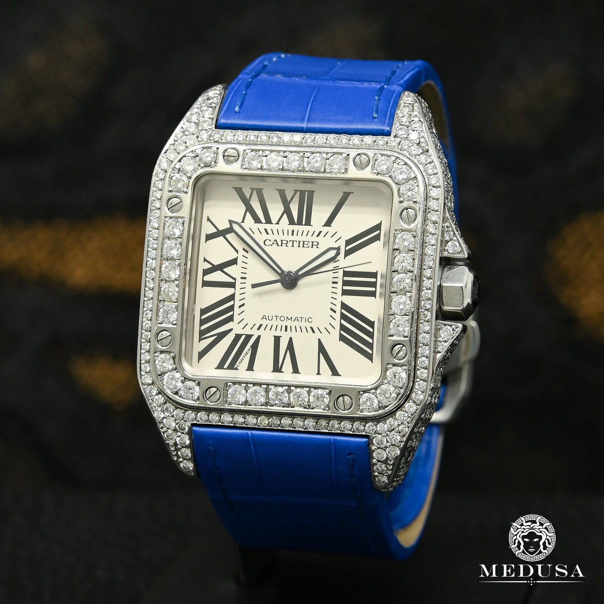 Montre Cartier | Montre Homme 40mm Cartier Santos 100 Iced - Bleu Crocodile Stainless