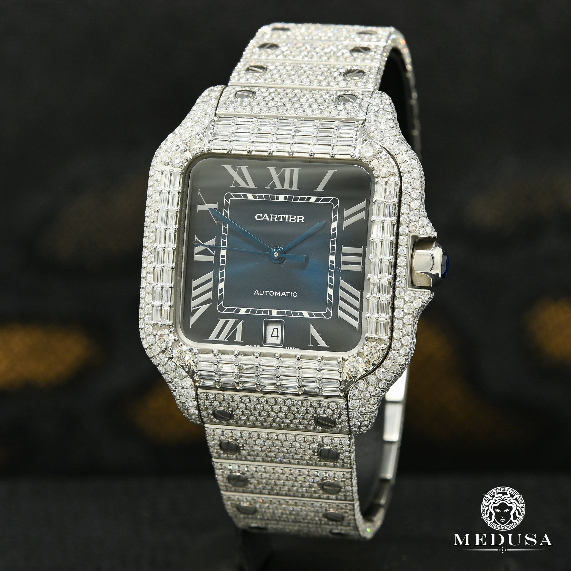 Montre Cartier | Montre Homme 40mm Cartier Santos 100 XL - Blue Emerald Full Iced Stainless