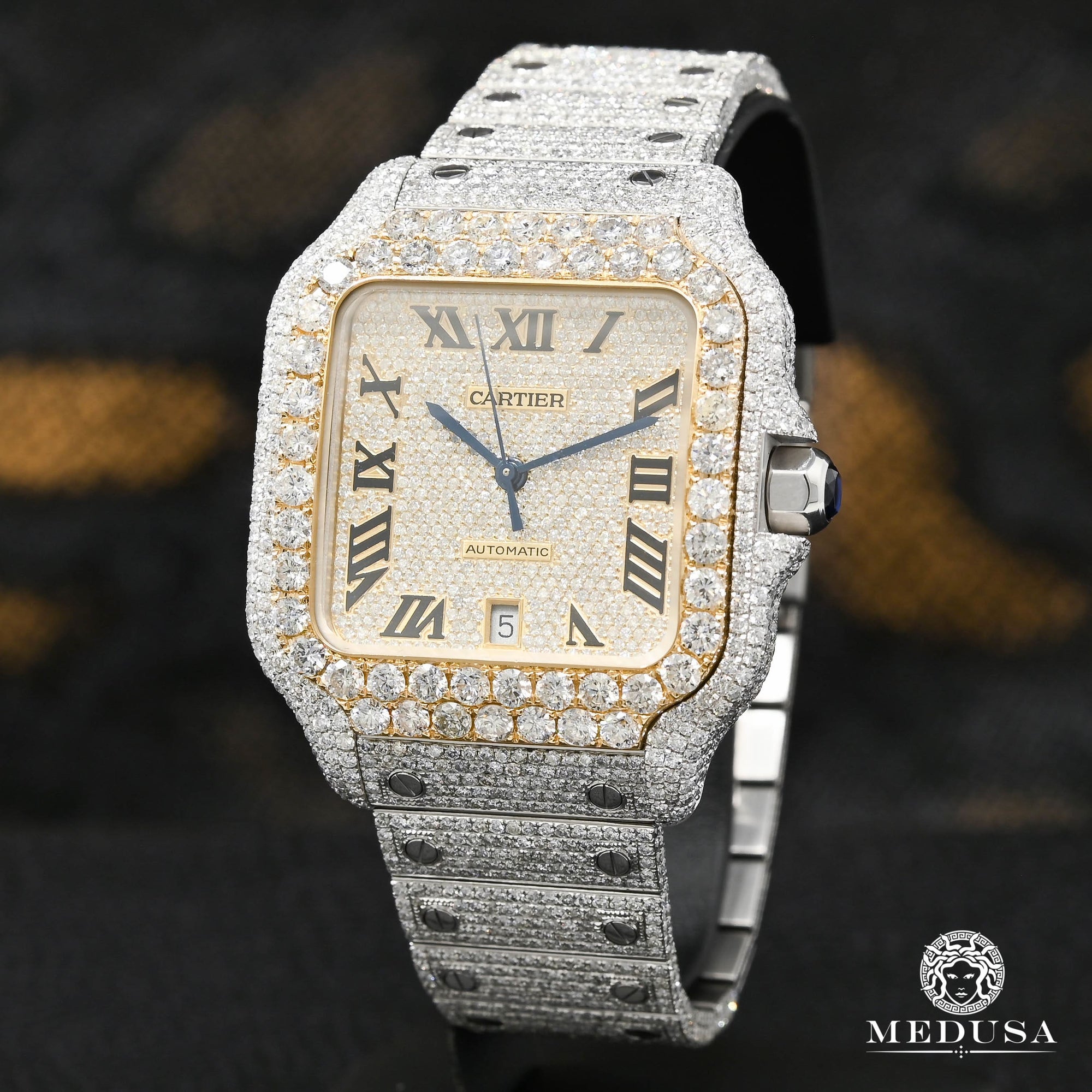 Montre Cartier | Montre Homme 40mm Cartier Santos 100 XL - Full Dial Iced Or 2 Tons