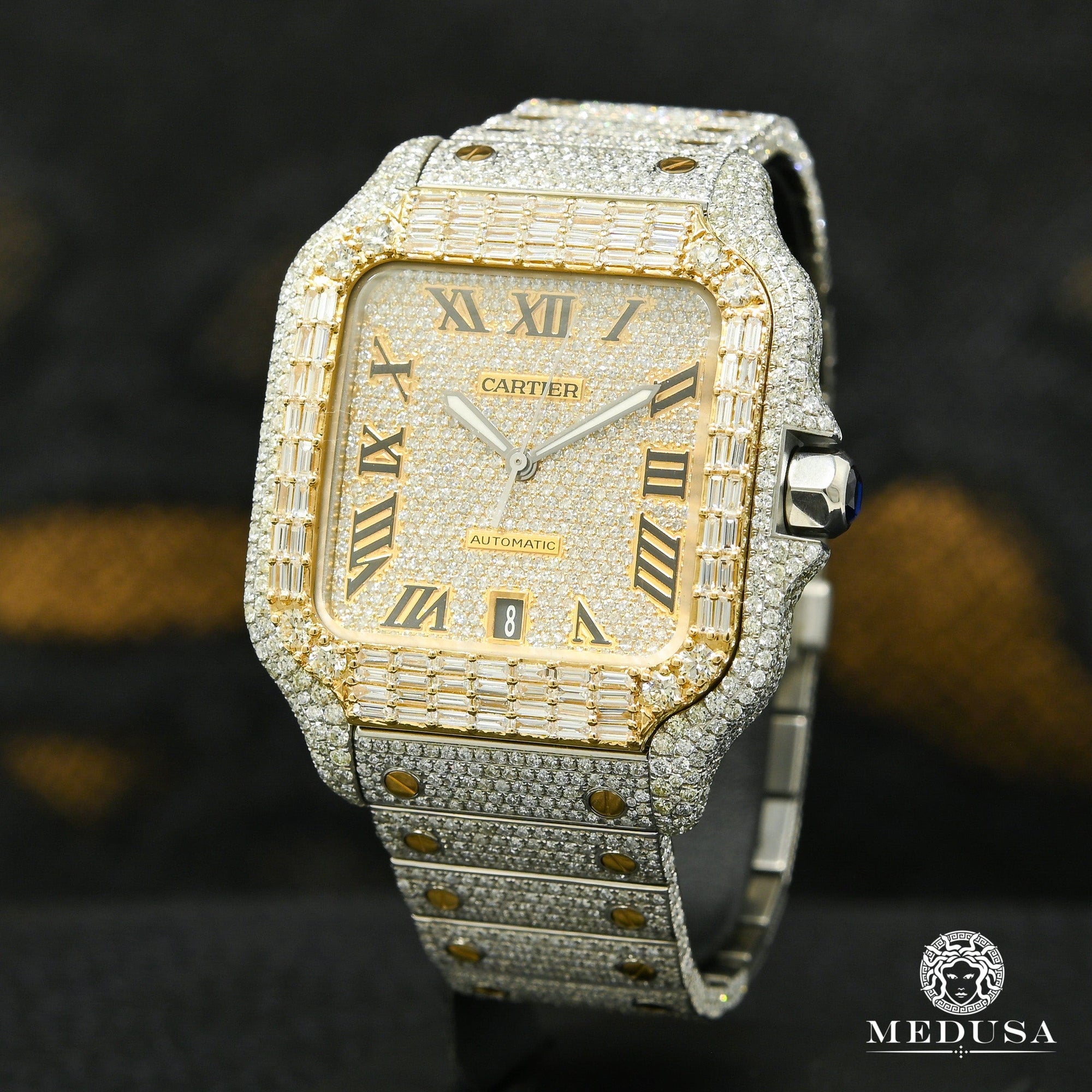 Montre Cartier | Montre Homme 40mm Cartier Santos 100 XL - Full Iced Emerald Cut Or 2 Tons