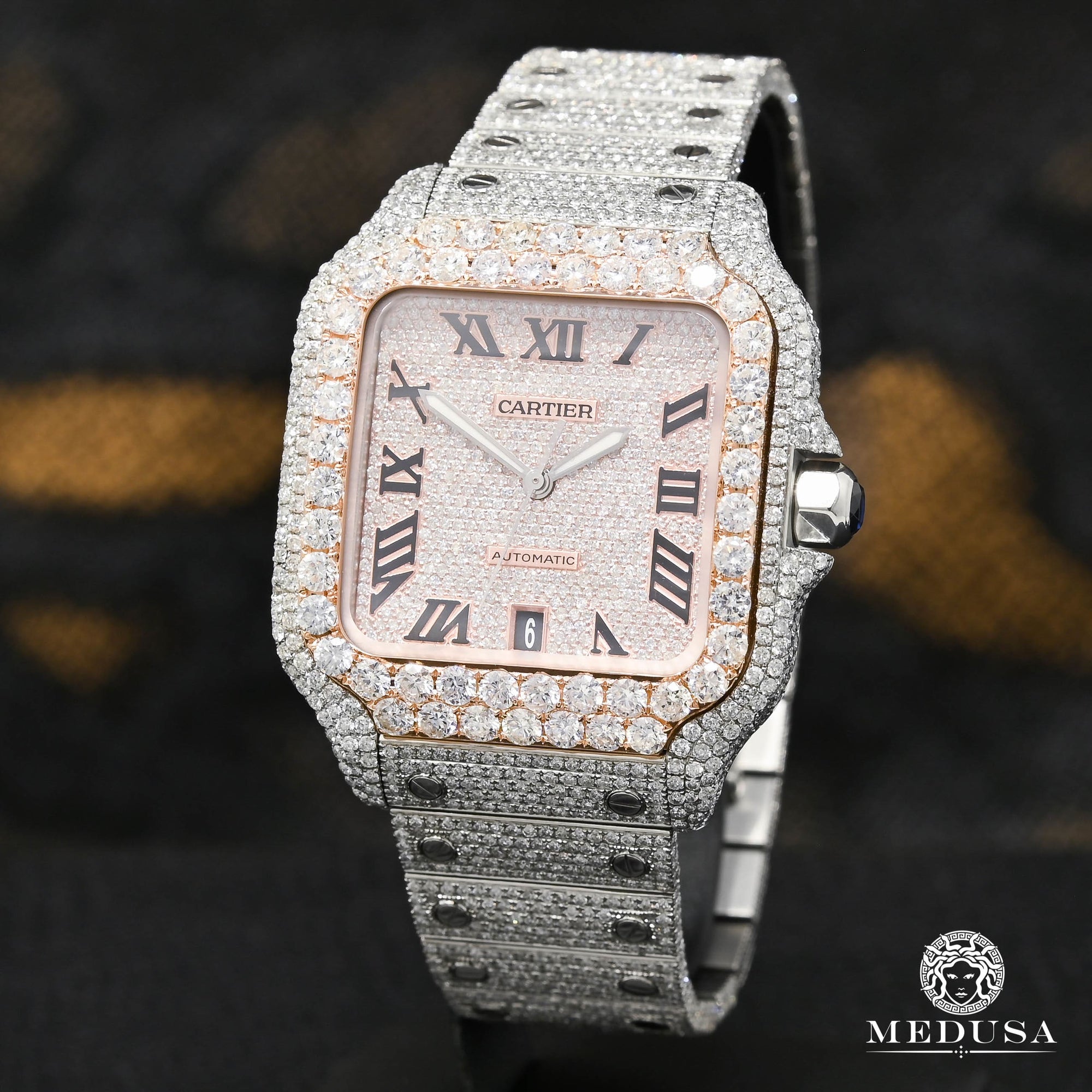 Montre Cartier | Montre Homme 40mm Cartier Santos 100 XL - Full Iced Everose Or Rose 2 Tons