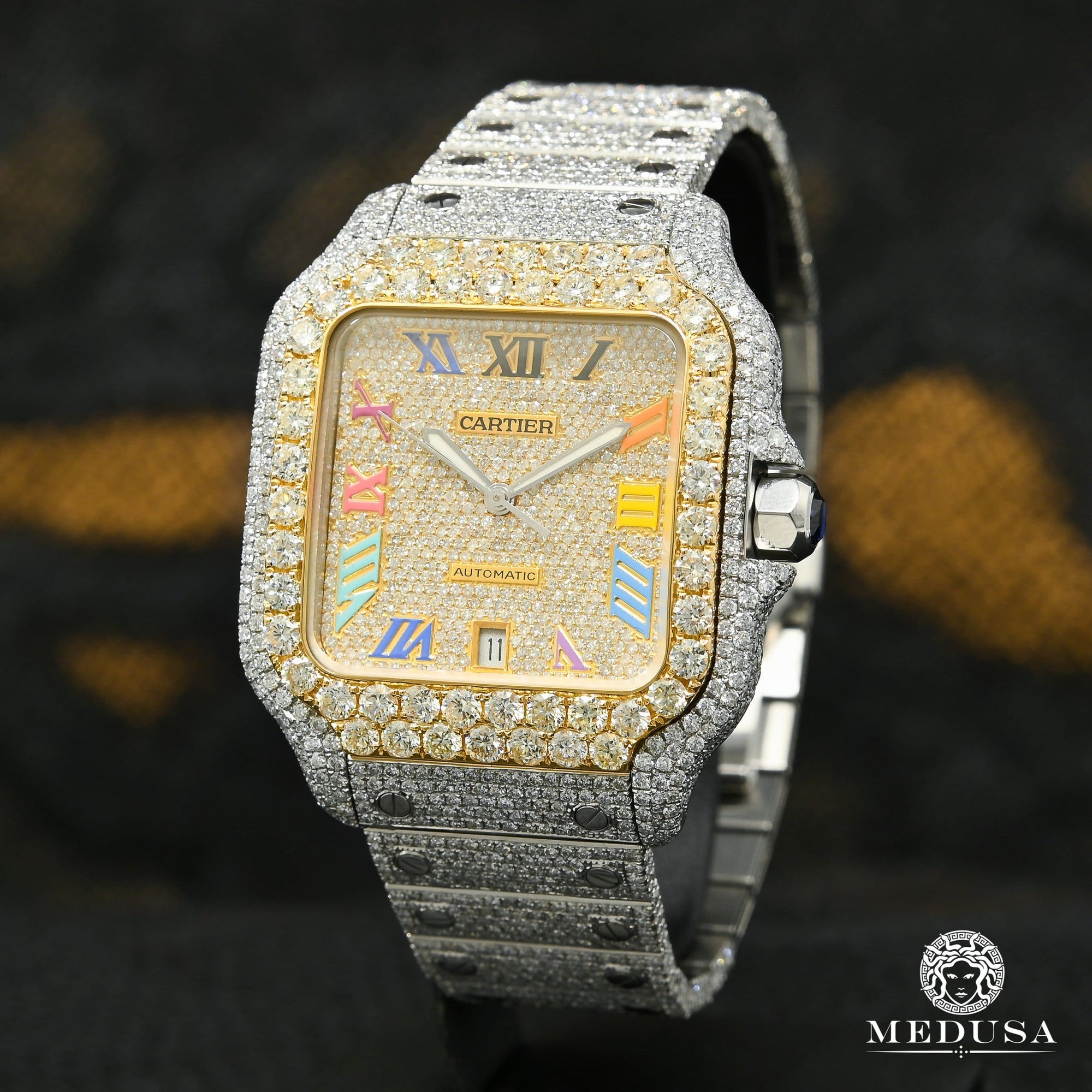 Montre Cartier | Montre Homme 40mm Cartier Santos 100 XL - Full Iced Rainbow Or 2 Tons