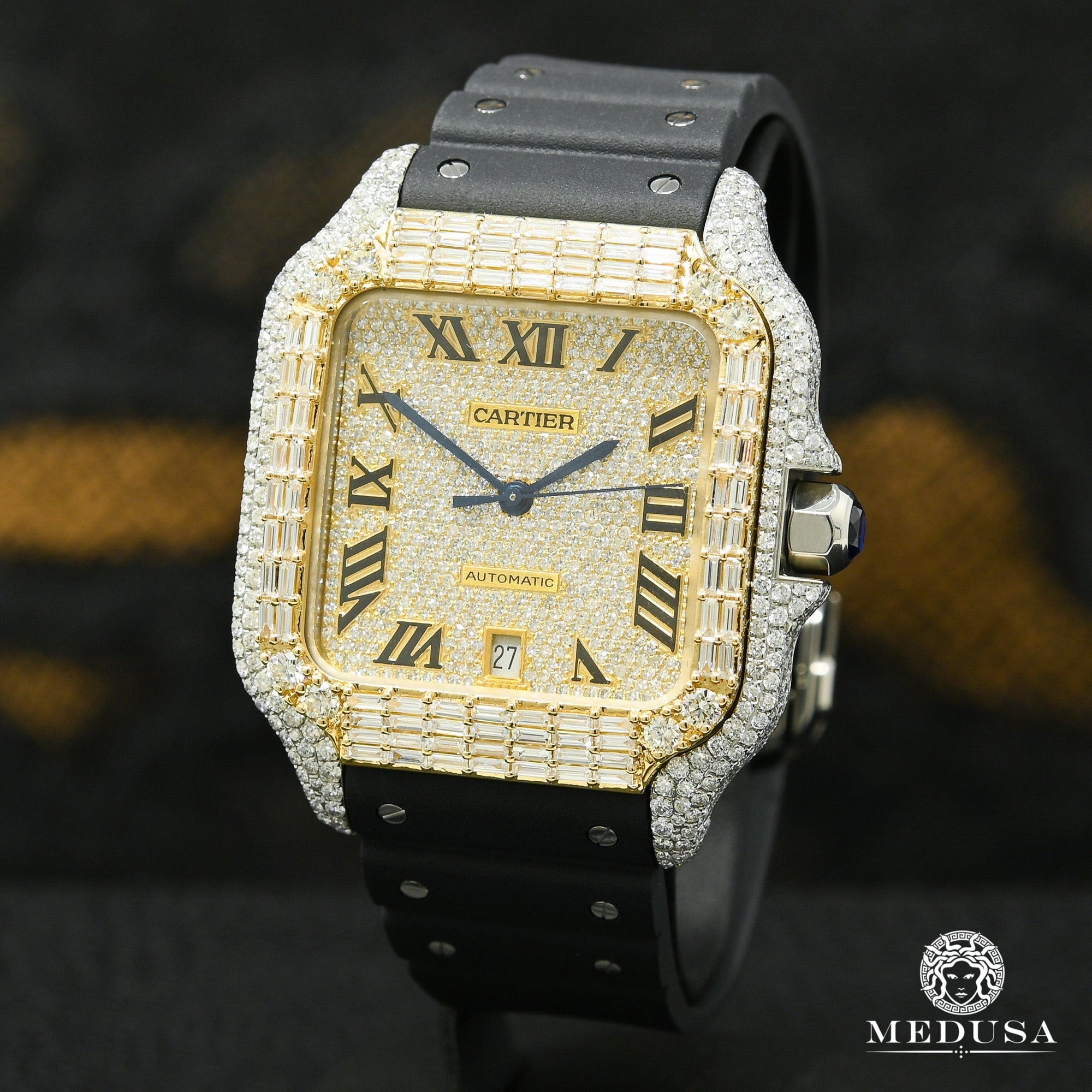 Montre Cartier | Montre Homme 40mm Cartier Santos 100 XL - Rubber Iced Emerald Cut Or 2 Tons