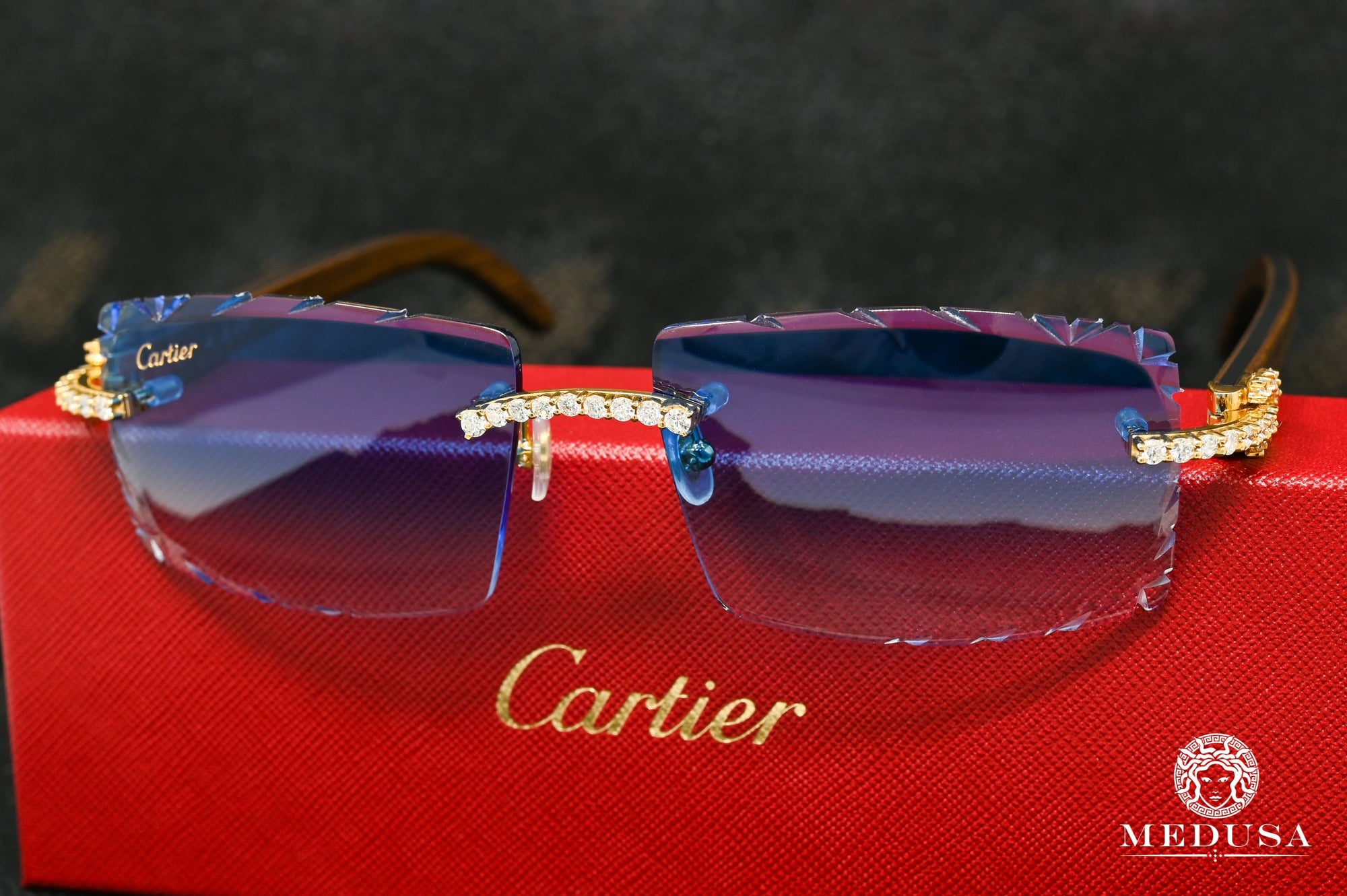 Lunette Cartier | Lunette Homme Cartier Signature C | Wood & Bleu Diamond Cut Lenses Or Jaune