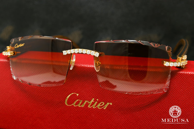 Lunette Cartier | Lunette Homme Cartier Signature C | Wood &amp; Brown Diamond Cut Lenses Or Jaune