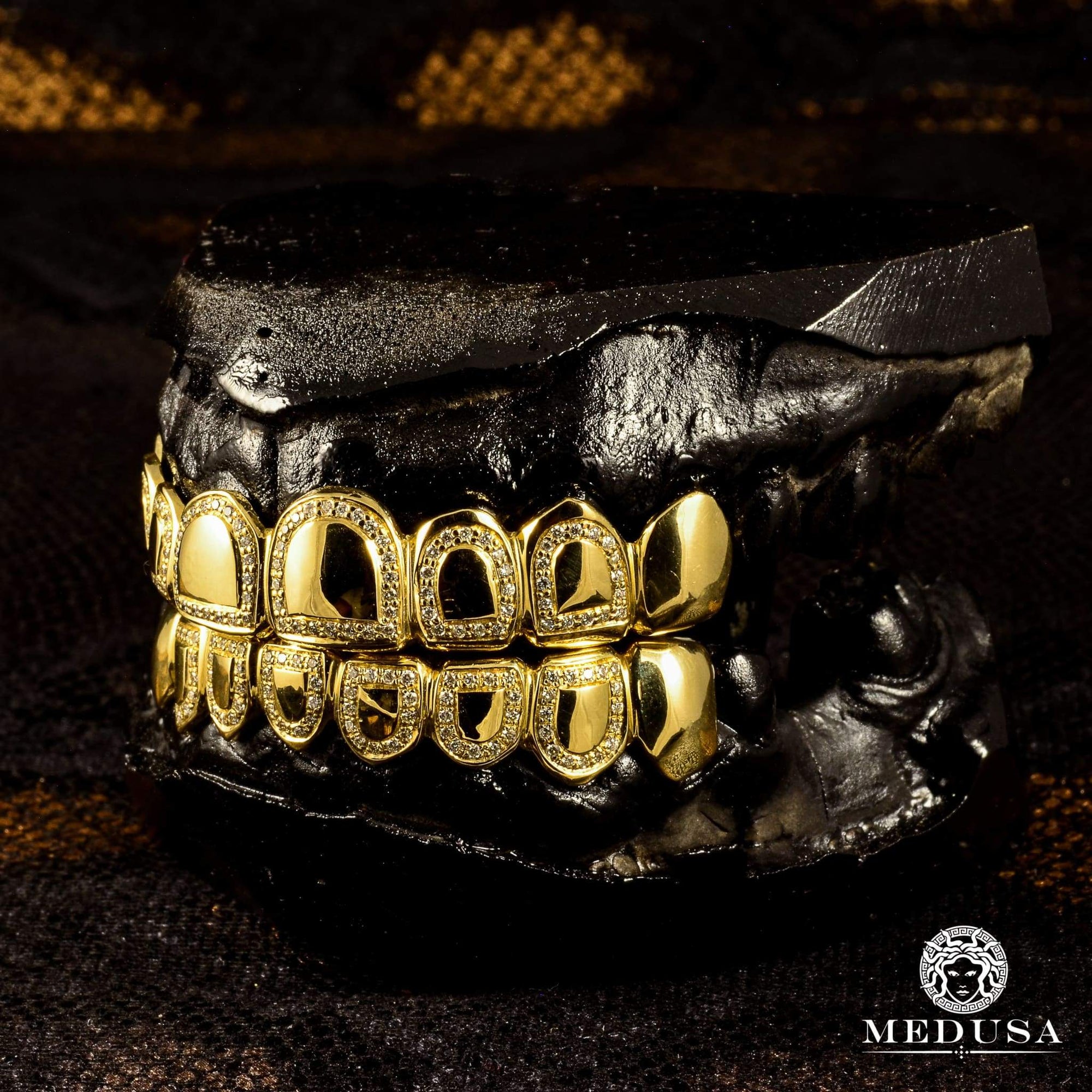 Grillz Custom en Or | Grillz Grillz 8 Dents Diamant Open Face 10K / Or Jaune