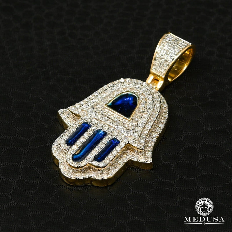 Pendentif à Diamants en Or 14K | Pendentif Divers Khamsa D8 - Diamant Bleu / Or Jaune