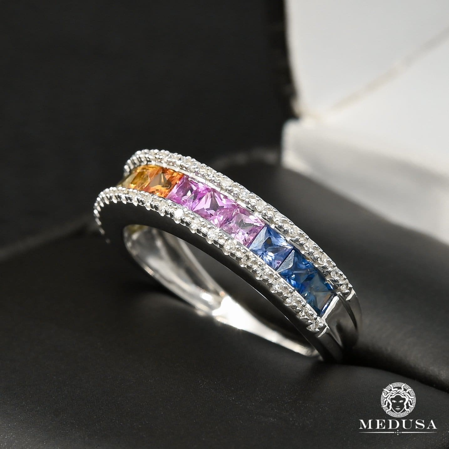 Bague à Diamants en Or 10K | Bague Femme Rainbow F1 - Saphir Or Blanc