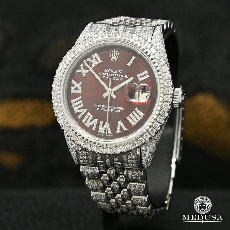 Montre Rolex | Montre Homme Rolex Datejust 36mm - Red Wine Iced Out Stainless