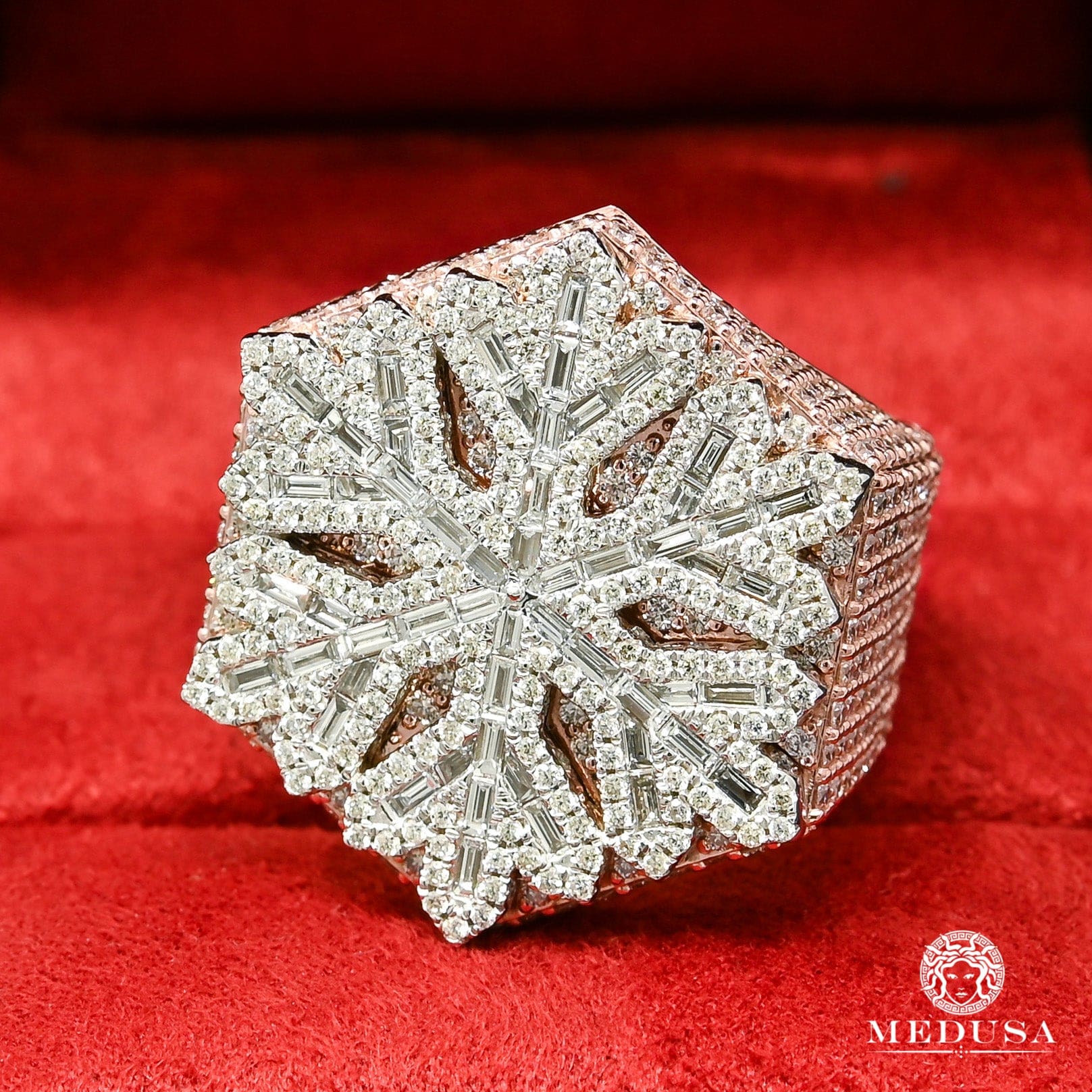 Bague à Diamants en Or 10K | Bague Homme Snowflake D1 - Emerald Cut Or Rose 2 Tons