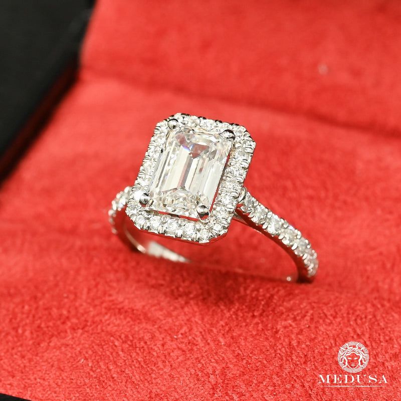 Bague à Diamants en Platine | Bague Fiançaille Solitaire D8 - 1.75CT Halo Emerald Cut Platine